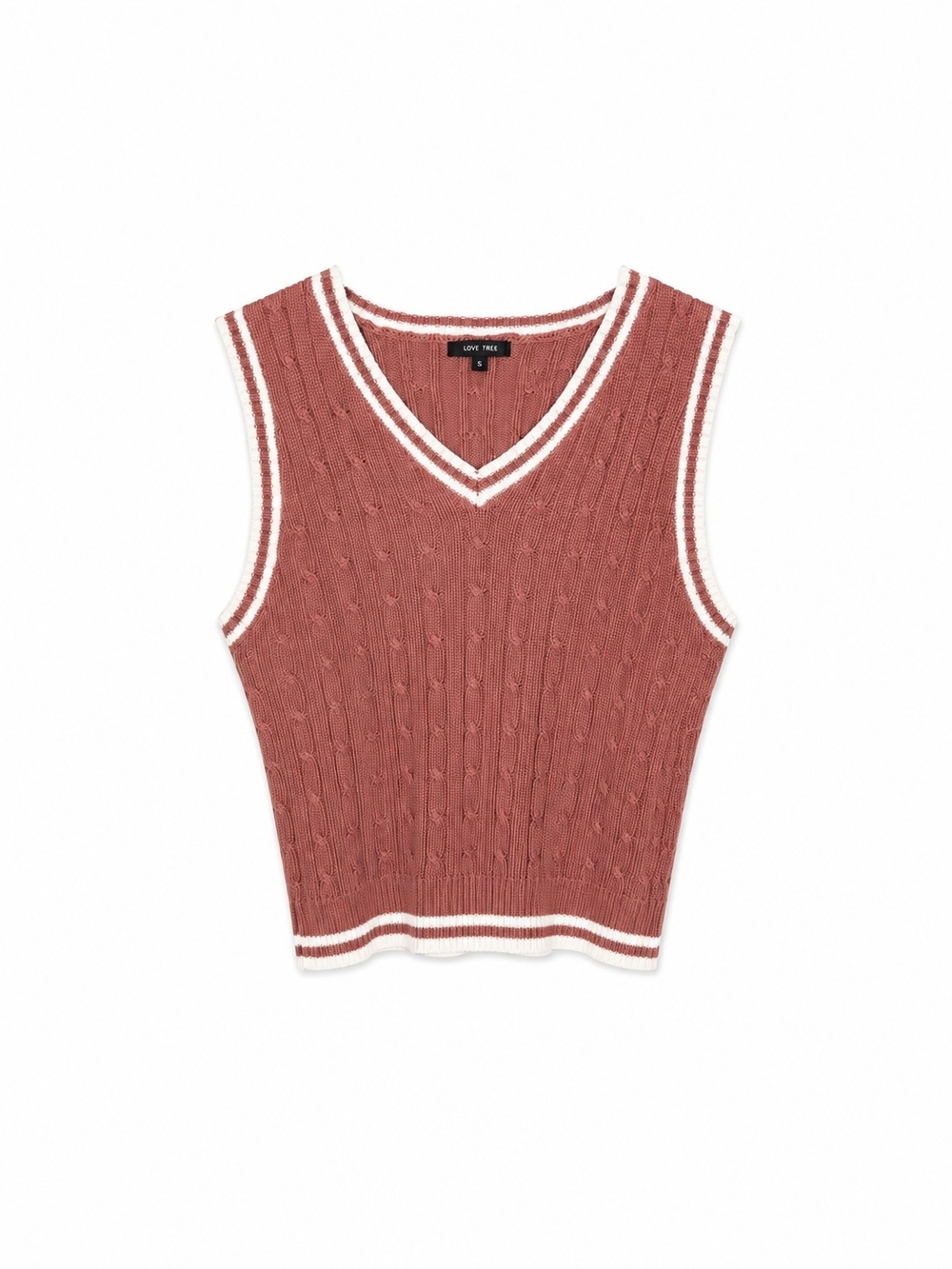 Love Tree Rose Cable Knit V-Neck Sweater Vest with White Trim